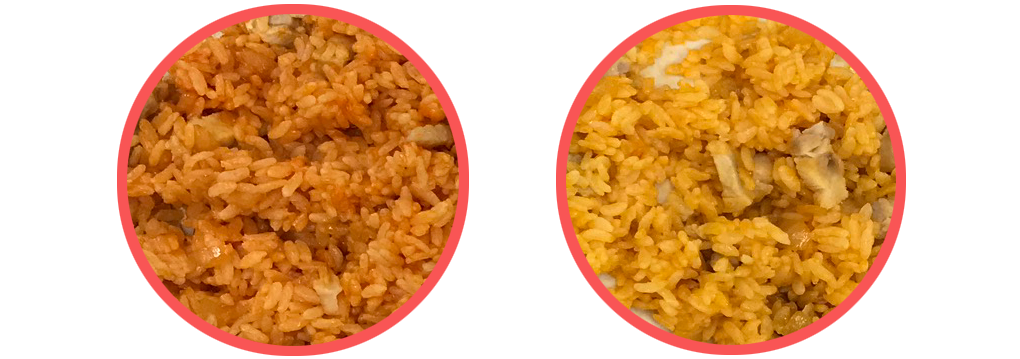 トマトピラフの比較：生産直後（左）と長期保存後（右）。長く保存すると退色する製品もある