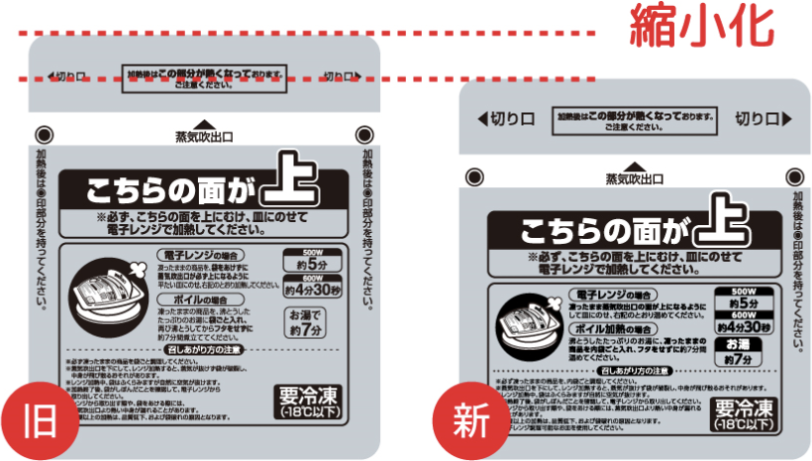 「野菜たっぷり中華丼の具」内袋の省資源化前後の比較