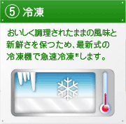 5.冷凍　おいしく調理されたままの風味と新鮮さを保つため、最新式の冷凍機で急速冷凍します。