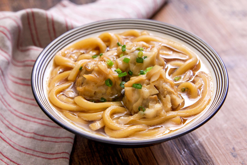 ポリ袋で洗い物が少ない シュウマイで肉うどん